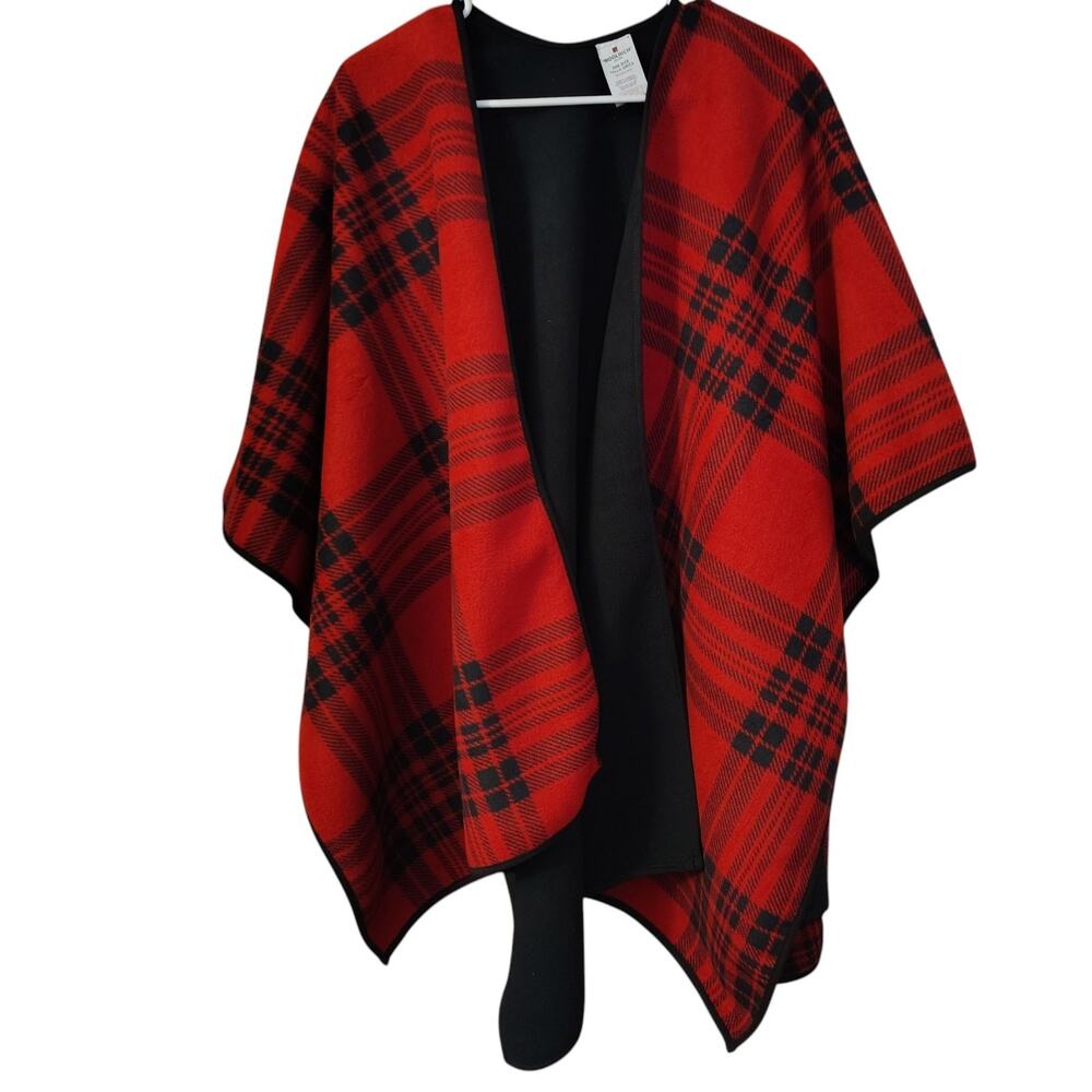 Woolrich Poncho Adult Brick Red Black Plaid Fleece Winter Wrap Shawl Christmas